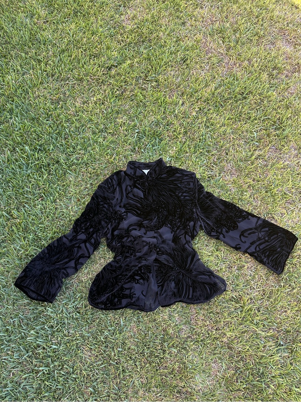 Black Velvet Embroidered Women's Jacket Blouse - Whimsical Goth Vibes